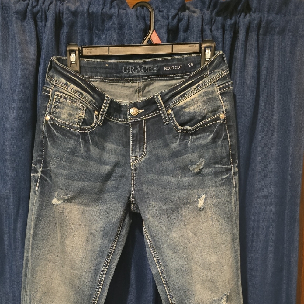Grace Women's Distressed Blue Boot Cut Jeans